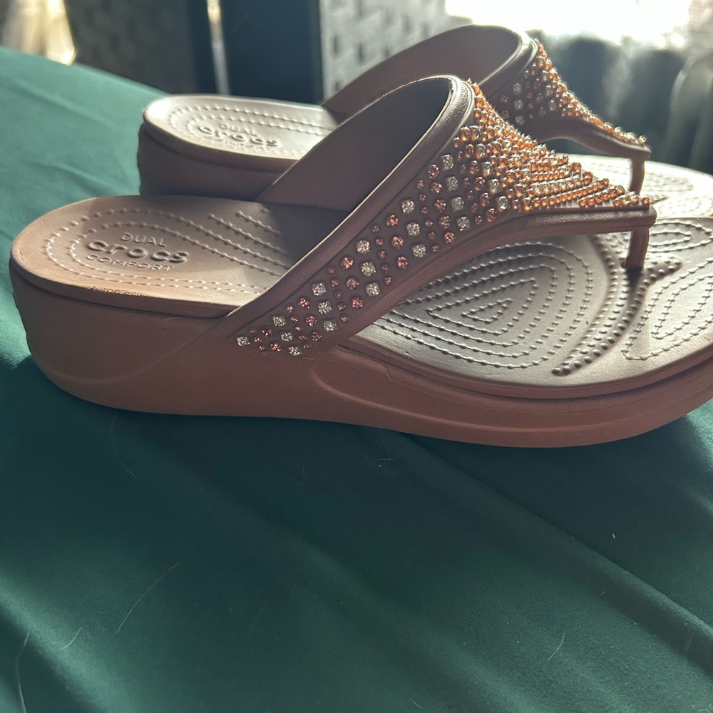 CROCS Brown Embellished Women's Sandals - Picture 2 of 7